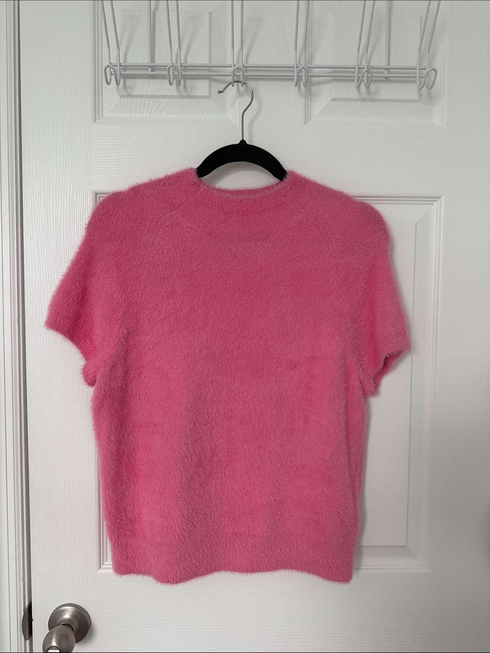 Maeve Short Sleeve Fuzzy Pullover in Bright Pink